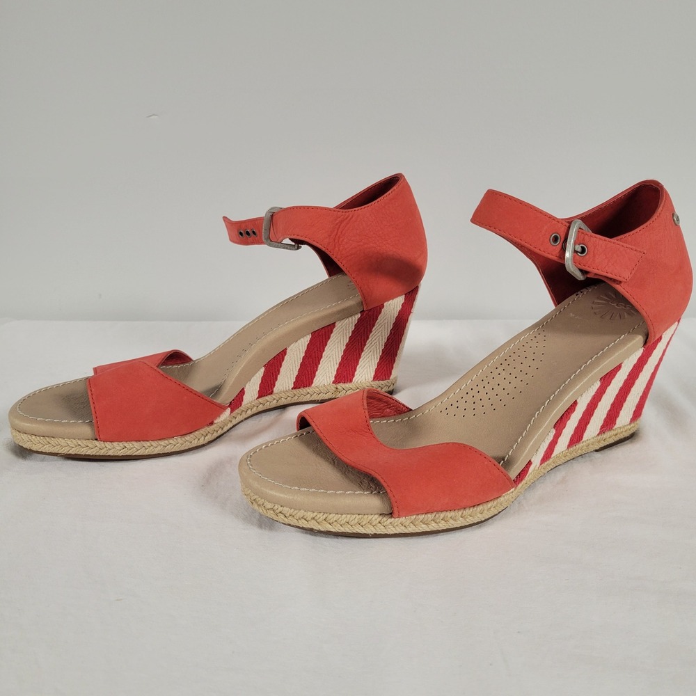 UGG Wedge Sandals Coral Red White Stripe Espadrille Ankle Strap Women's Size 10